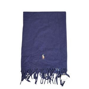 Polo Ralph Lauren Wool Scarf Navy Fringe Made in Italy 70” Embroidered Logo NWT